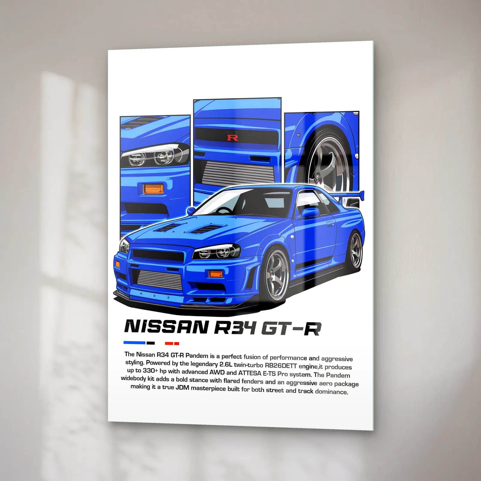 Nissan Skyline R34 GT-R Mavi cam tablo — sağ açıdan görünüm