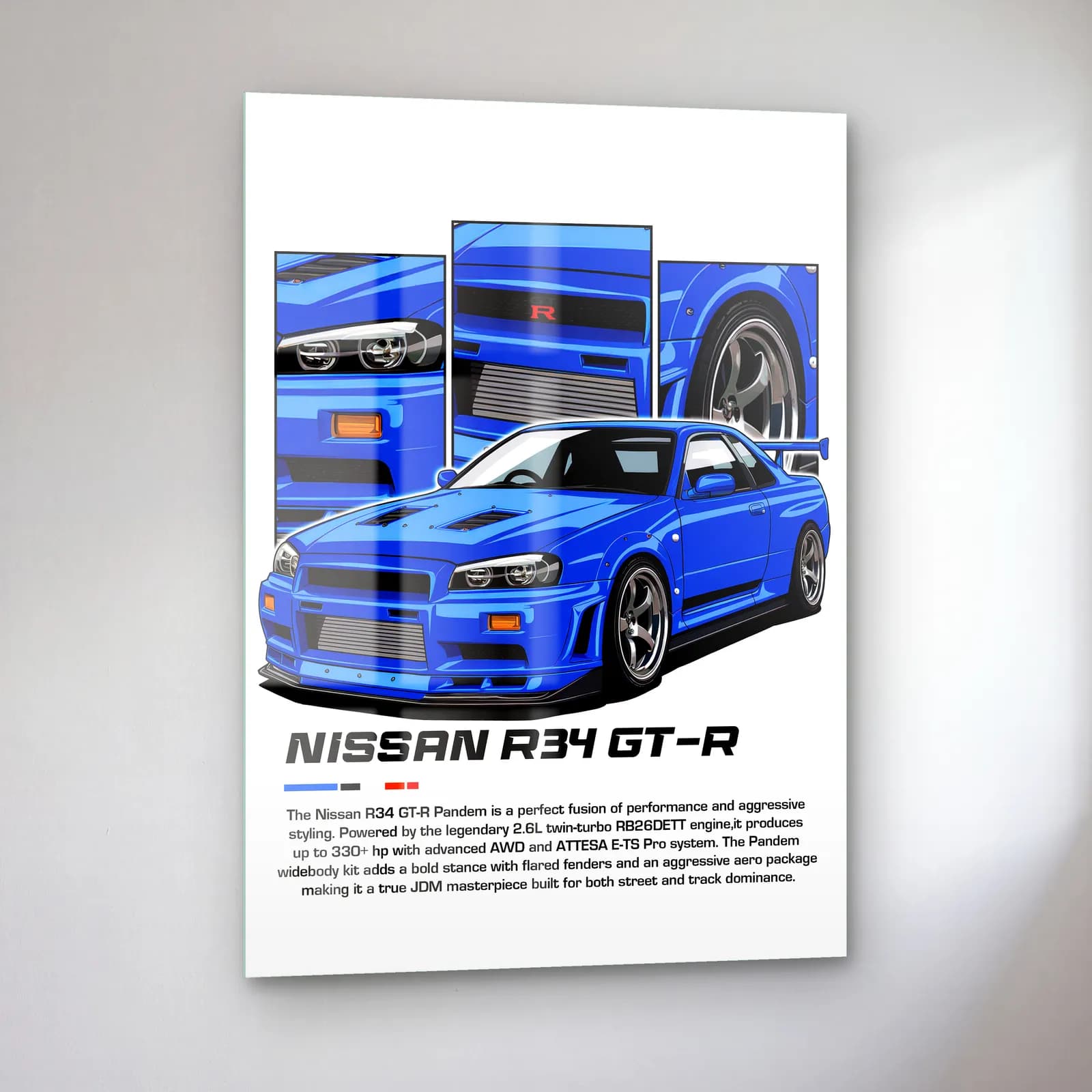 Nissan Skyline R34 GT-R Mavi cam tablo — sol açıdan görünüm