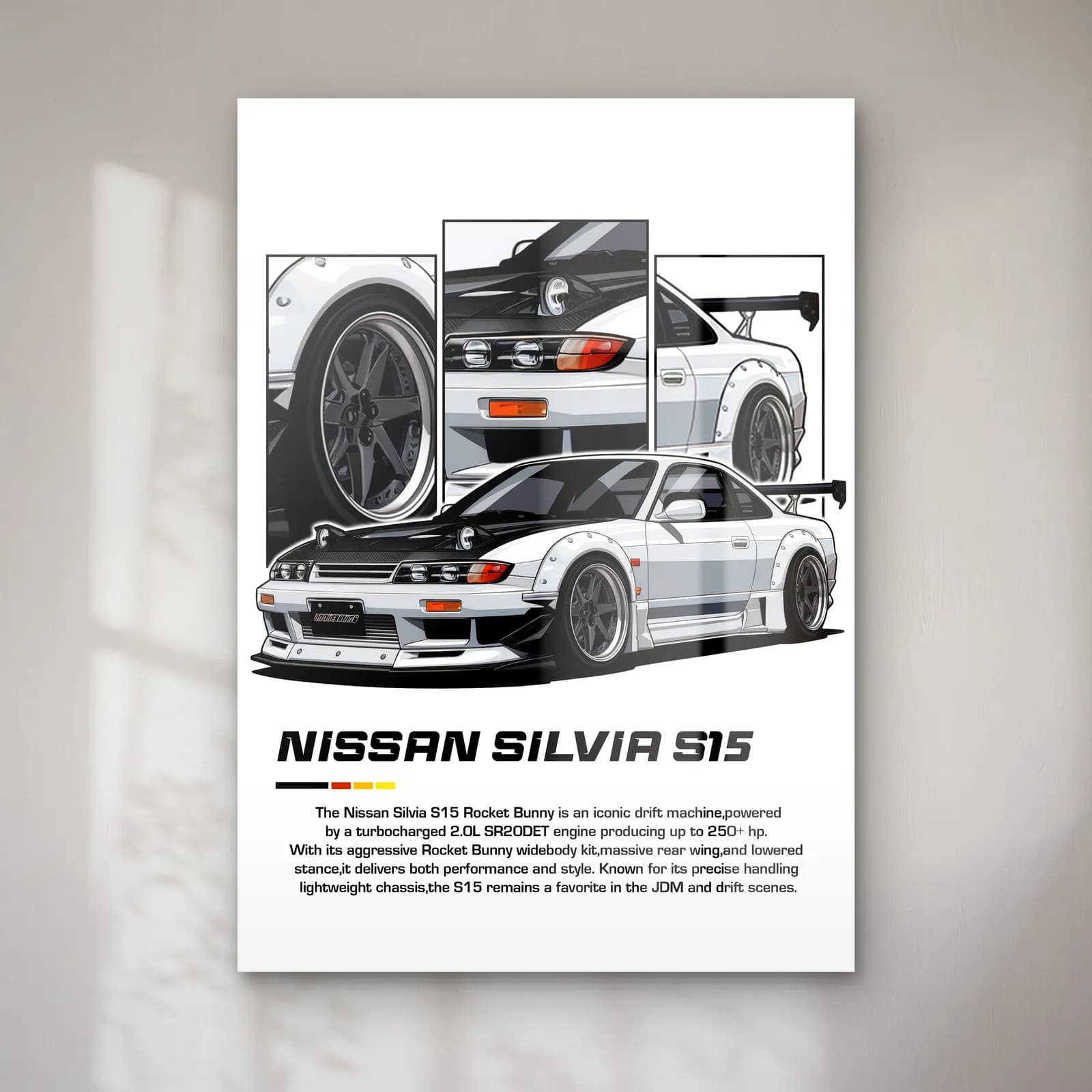 Nissan Silvia S15 Beyaz cam tablo — Beyaz zeminde beyaz Nissan Silvia S15 ve detay panelleri