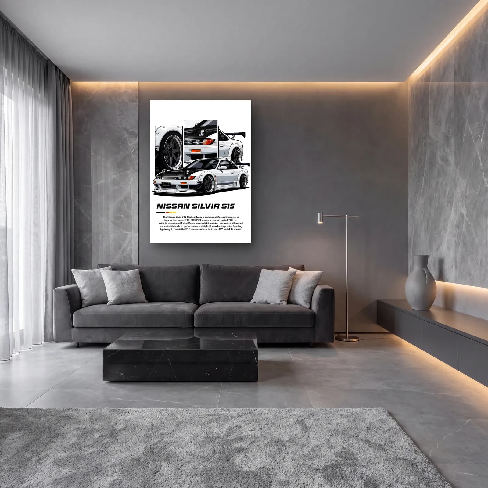 Nissan Silvia S15 Beyaz cam tablo — lüks salon duvarında