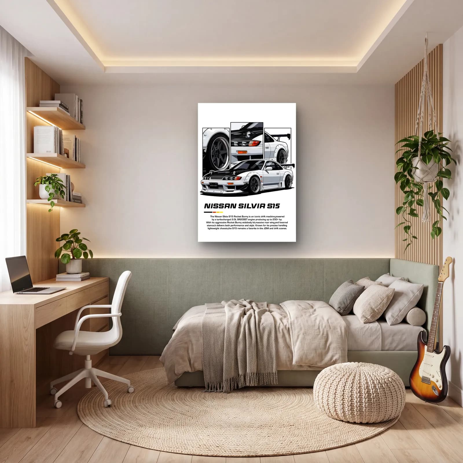 Nissan Silvia S15 Beyaz cam tablo — genç odasında