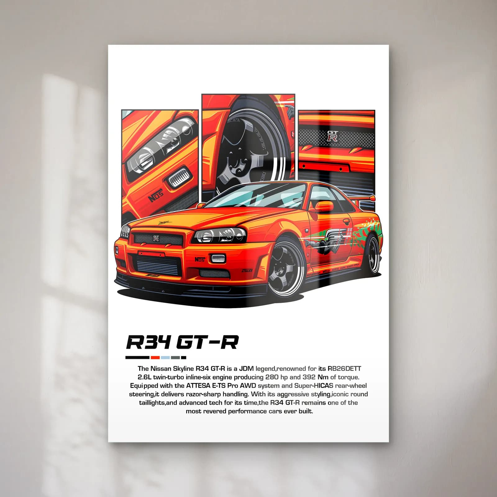 Nissan Skyline R34 GT-R Turuncu cam tablo — Beyaz zeminde turuncu Nissan Skyline R34 GT-R ve detay panelleri