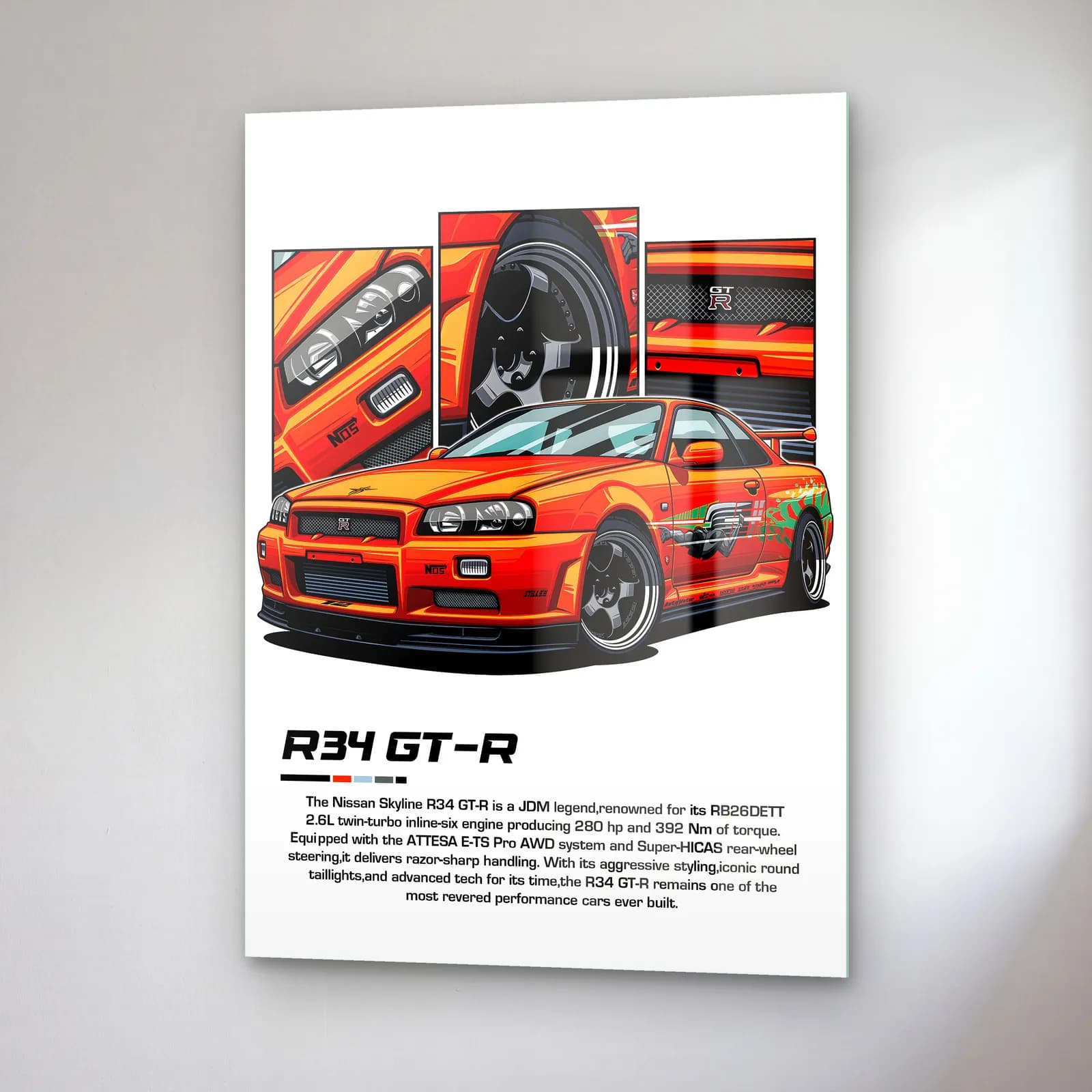 Nissan Skyline R34 GT-R Turuncu cam tablo — sağ açıdan görünüm