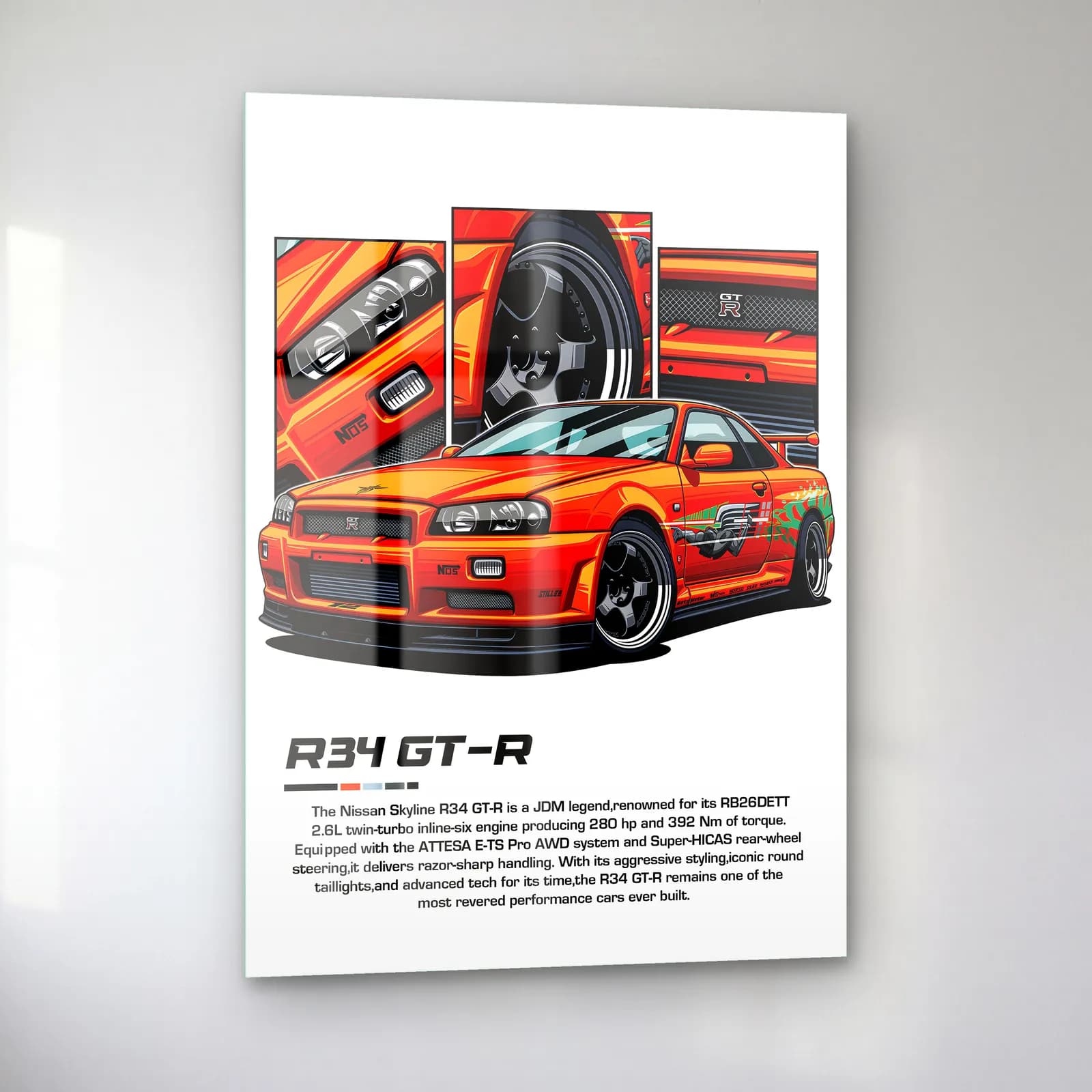 Nissan Skyline R34 GT-R Turuncu cam tablo — sol açıdan görünüm