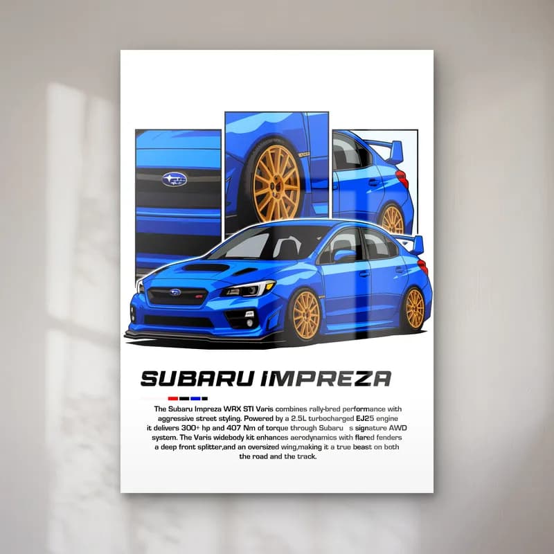 Subaru Impreza WRX STI Geniş Kasa cam tablo — Beyaz zeminde mavi Subaru Impreza WRX STI ve altın jantlar