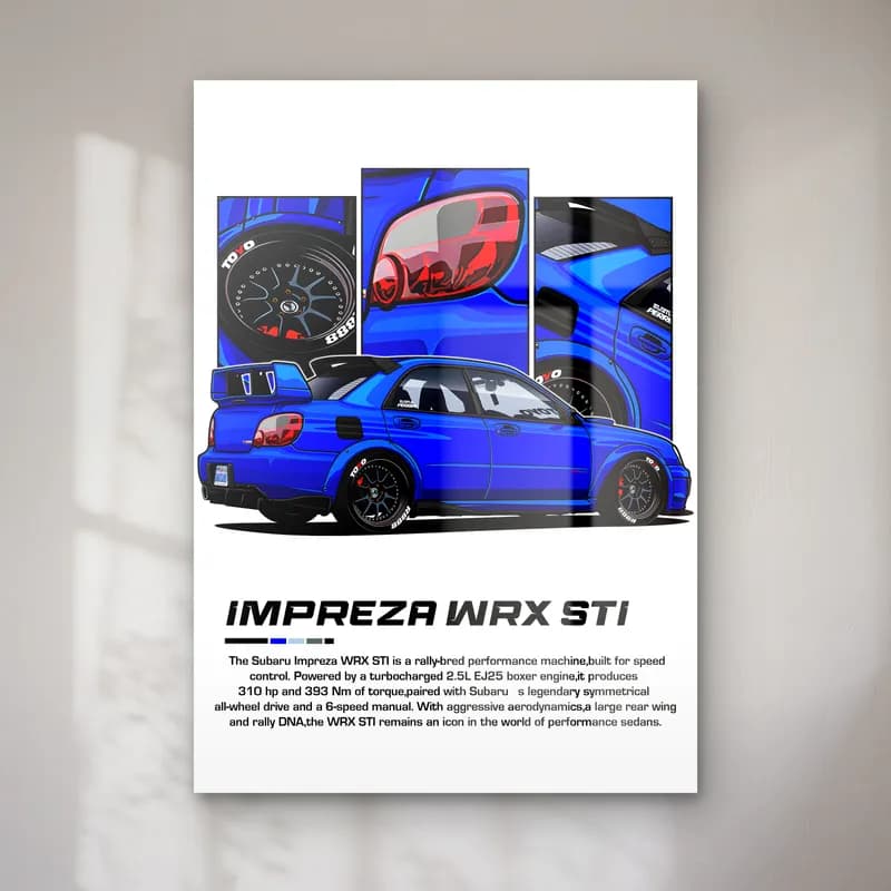 Subaru Impreza WRX STI Klasik cam tablo — Beyaz zeminde klasik mavi Subaru Impreza WRX STI ve detay panelleri