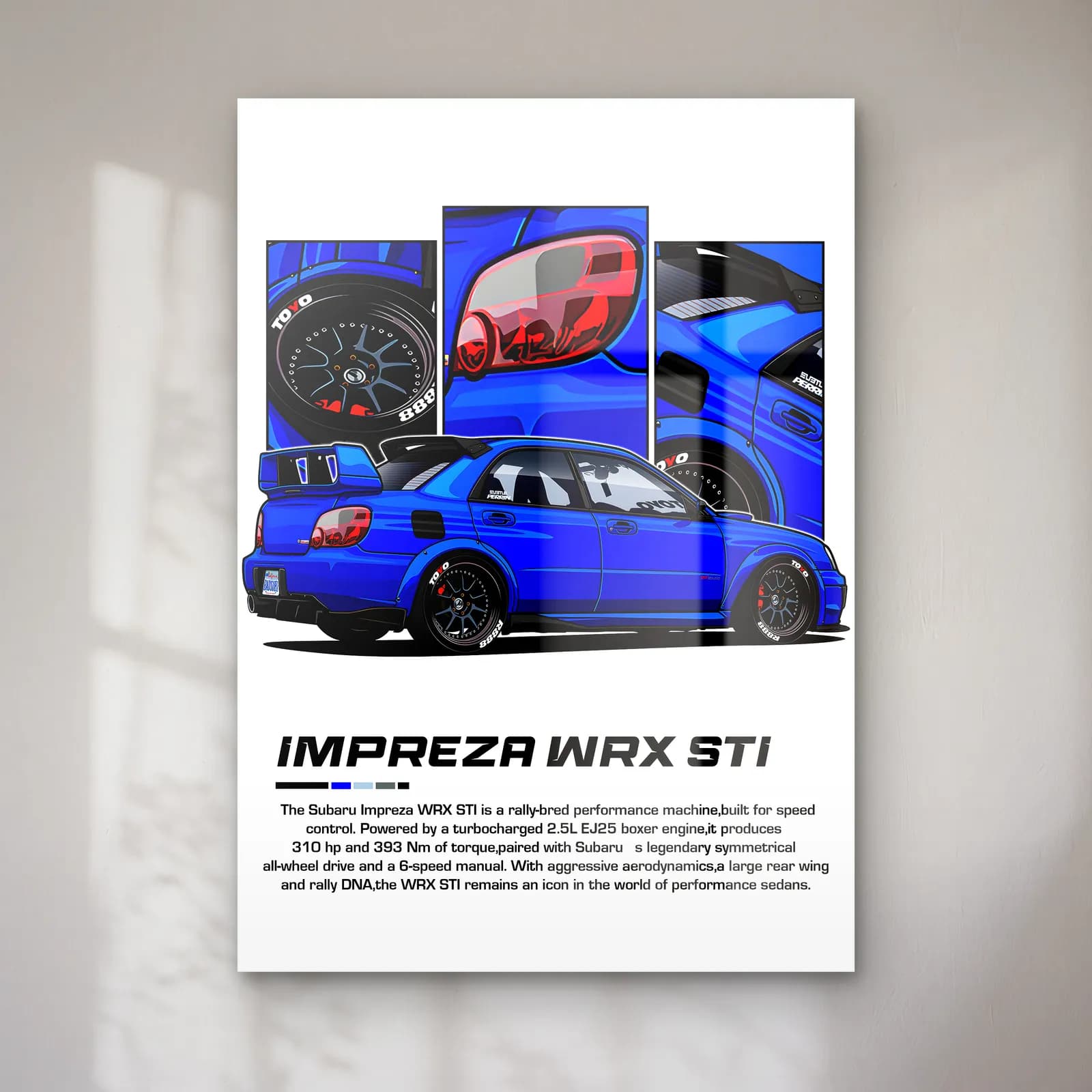 Subaru Impreza WRX STI Klasik cam tablo — Beyaz zeminde klasik mavi Subaru Impreza WRX STI ve detay panelleri