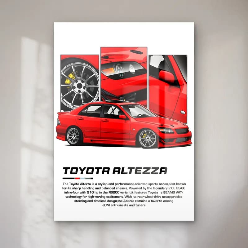 Toyota Altezza Kırmızı cam tablo — Beyaz zeminde kırmızı Toyota Altezza ve detay panelleri