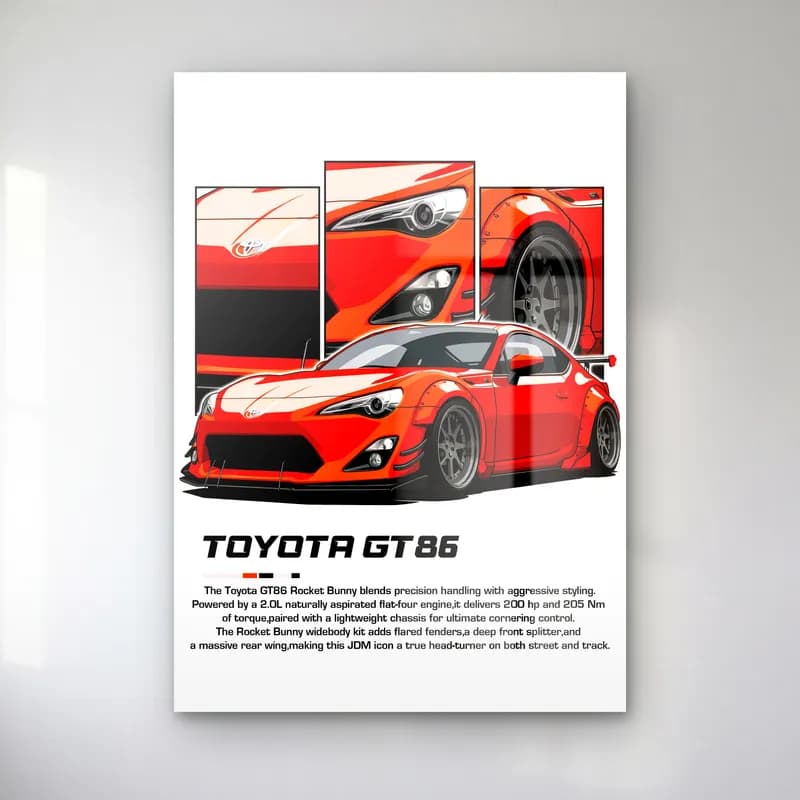 Toyota GT86 Kırmızı cam tablo — Beyaz zeminde kırmızı geniş kasa Toyota GT86 ve detay panelleri