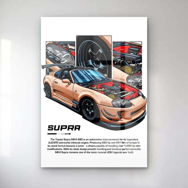 Toyota Supra MK4 Bej cam tablo — Beyaz zeminde kaputu açık bej Toyota Supra MK4 ve detay panelleri
