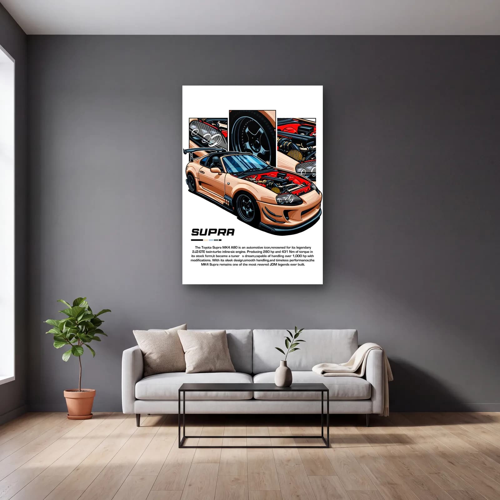 Toyota Supra MK4 Bej cam tablo — gri duvarlı salonda