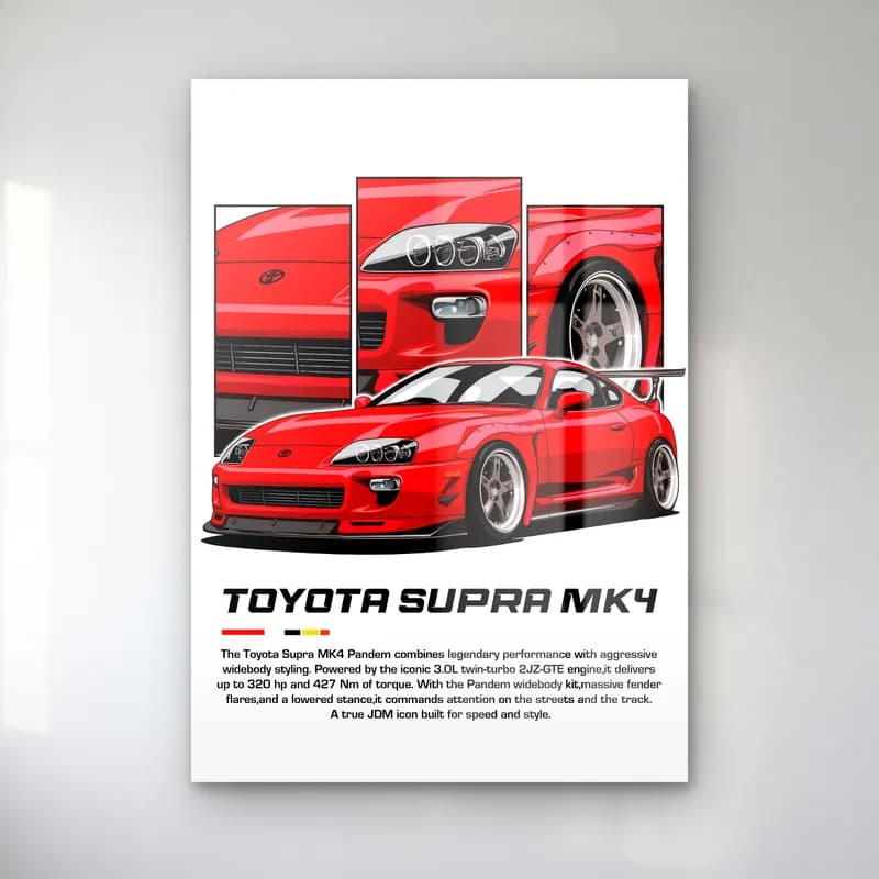 Toyota Supra MK4 Kırmızı cam tablo — Beyaz zeminde kırmızı Toyota Supra MK4 ve detay panelleri