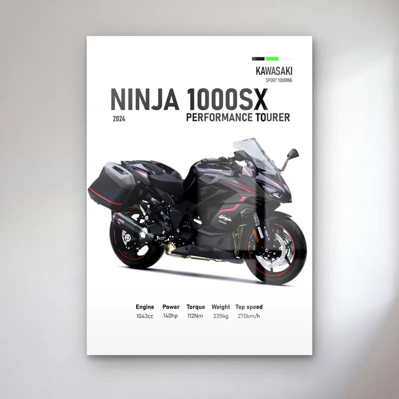 Kawasaki Ninja 1000SX Performance Tourer 2024 cam tablo — Beyaz zeminde siyah gri Kawasaki Ninja 1000SX Performance Tourer 2024 ve teknik veriler