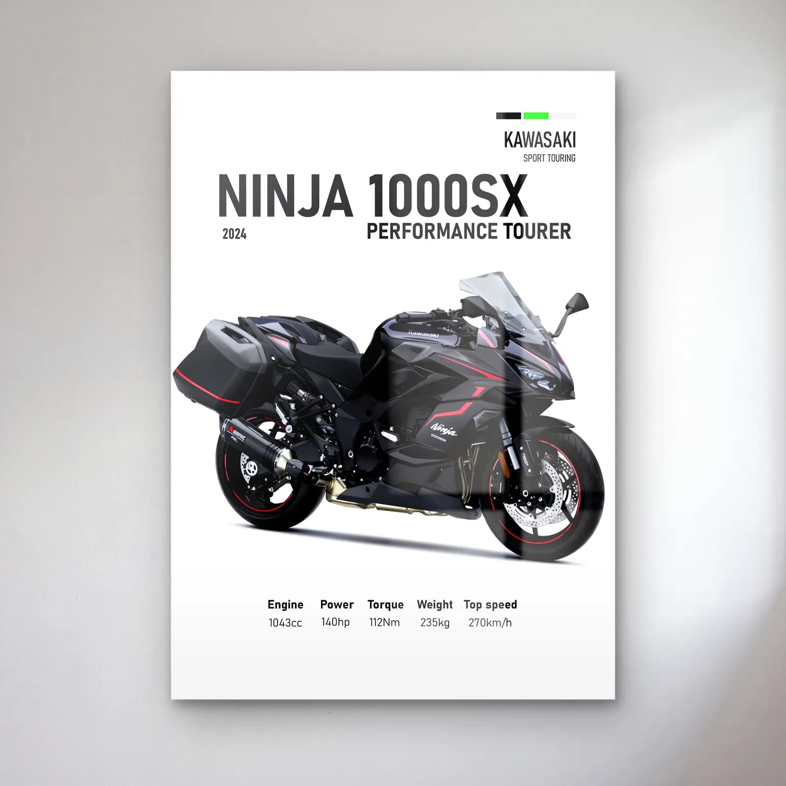 Kawasaki Ninja 1000SX Performance Tourer 2024 cam tablo — Beyaz zeminde siyah gri Kawasaki Ninja 1000SX Performance Tourer 2024 ve teknik veriler