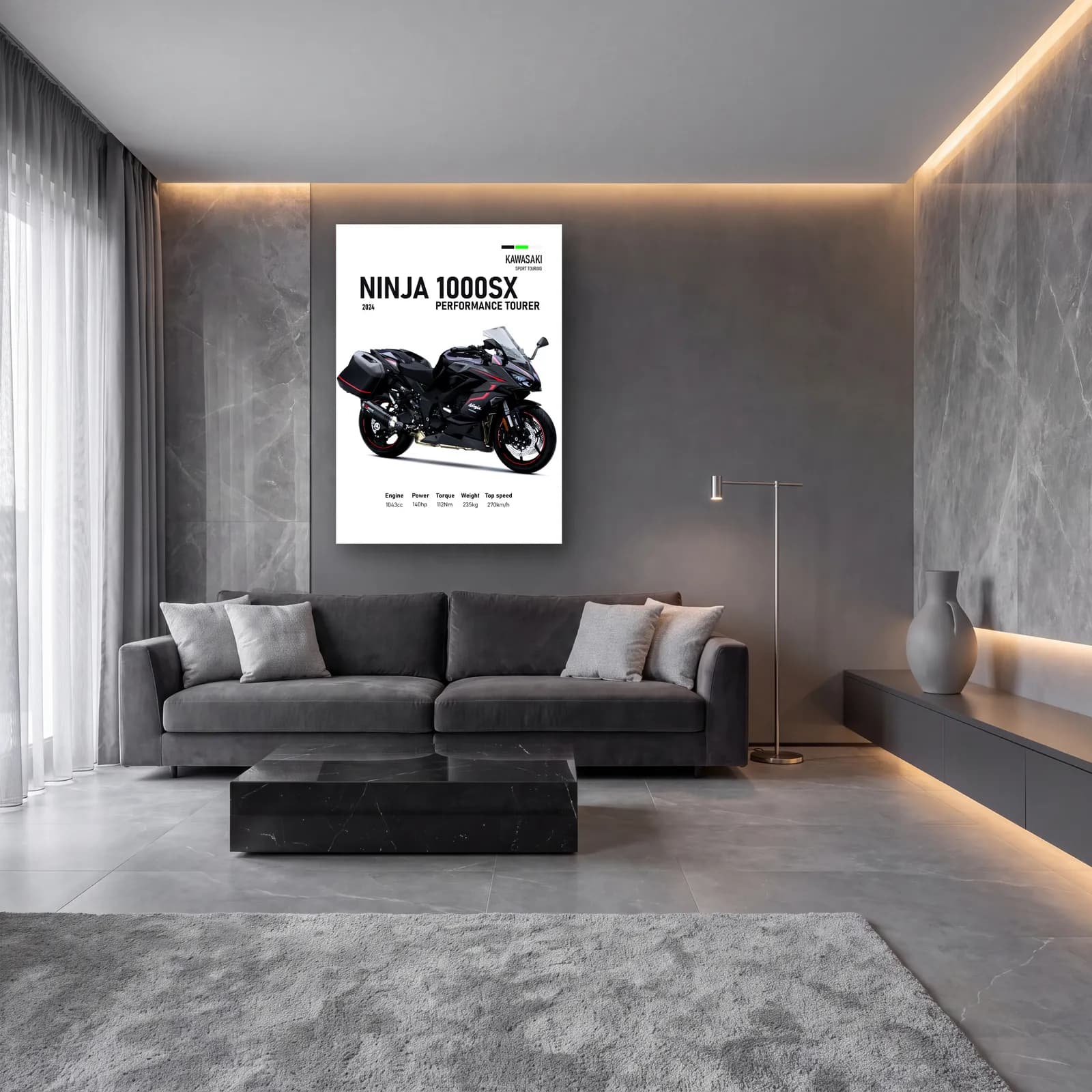 Kawasaki Ninja 1000SX Performance Tourer 2024 cam tablo — lüks salon duvarında