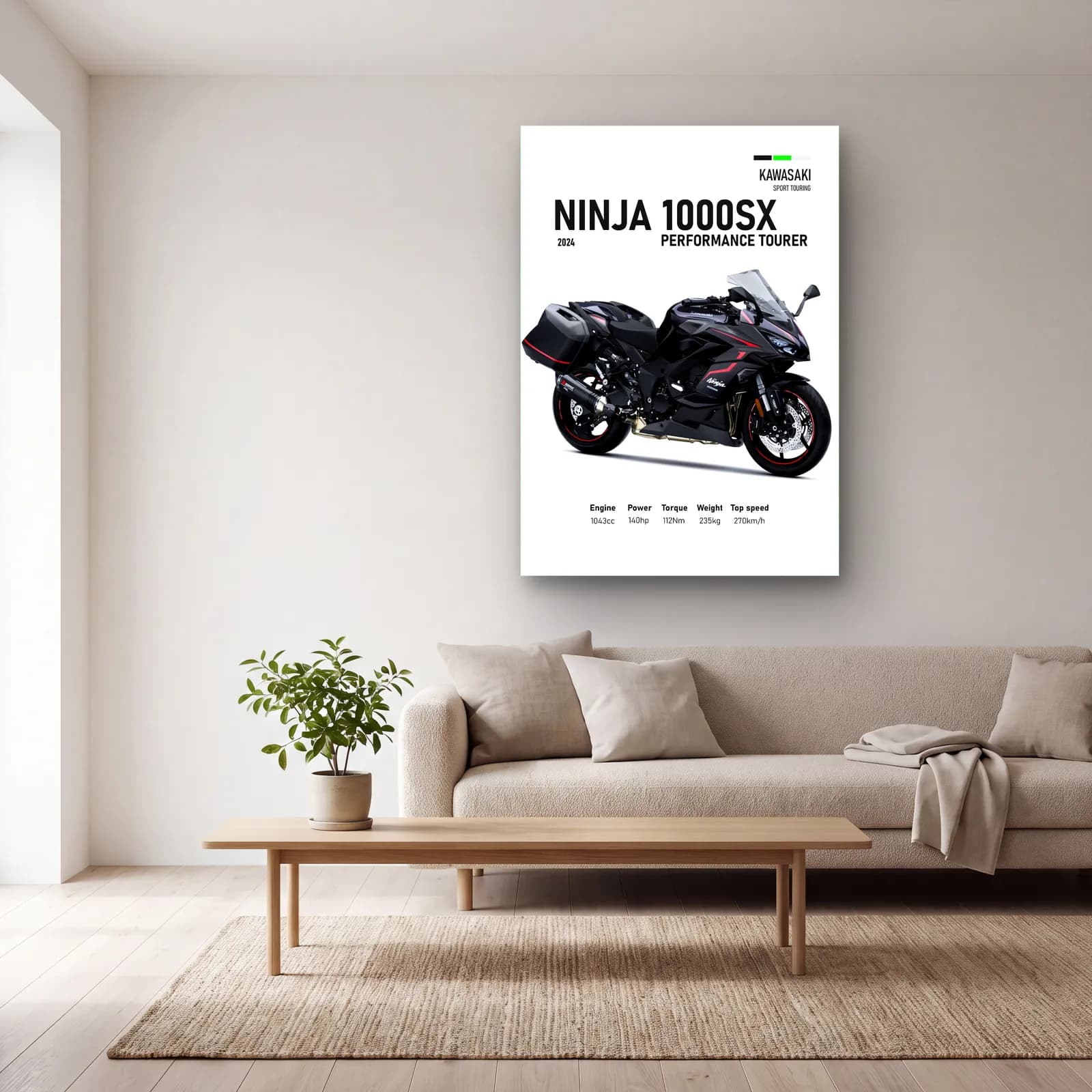 Kawasaki Ninja 1000SX Performance Tourer 2024 cam tablo — açık renk salonda