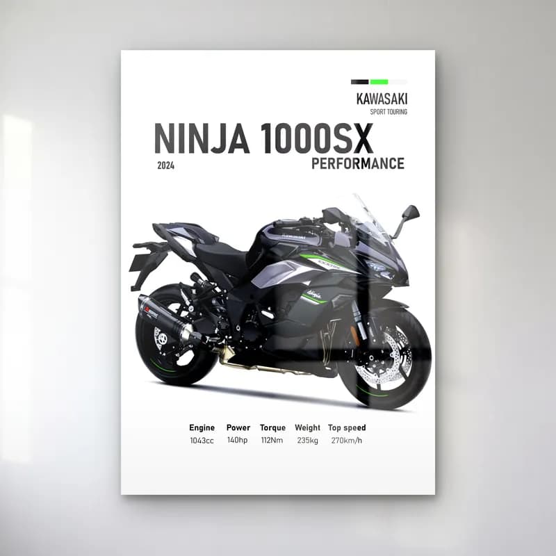 Kawasaki Ninja 1000SX Performance 2024 cam tablo — Beyaz zeminde siyah yeşil Kawasaki Ninja 1000SX Performance 2024 ve teknik veriler