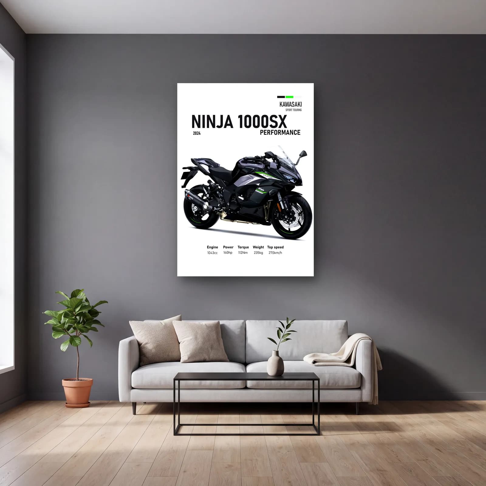 Kawasaki Ninja 1000SX Performance 2024 cam tablo — gri duvarlı salonda