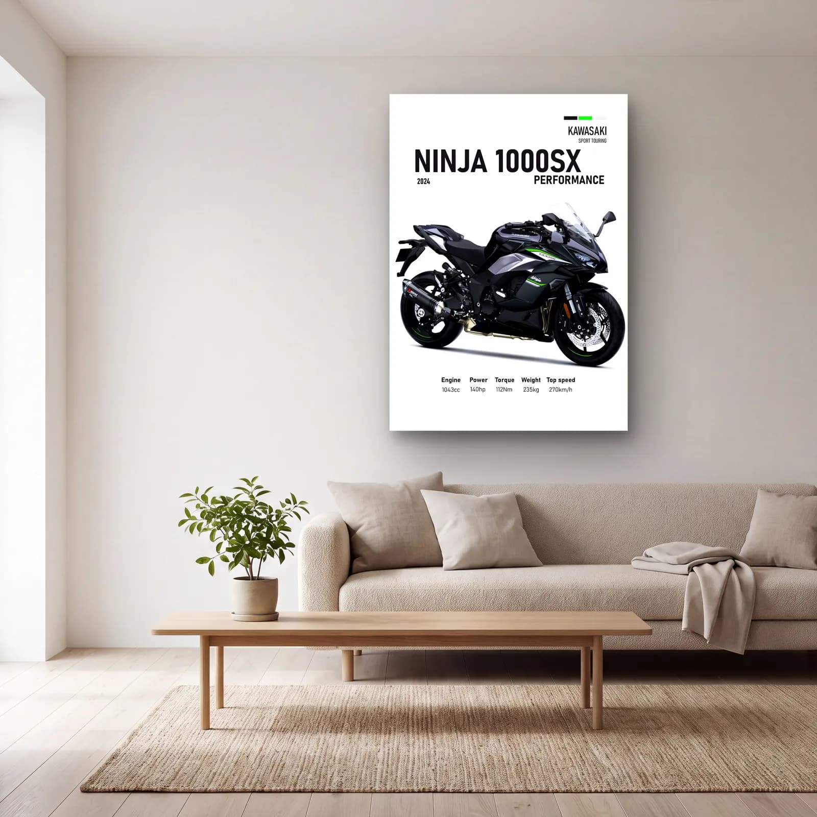 Kawasaki Ninja 1000SX Performance 2024 cam tablo — açık renk salonda