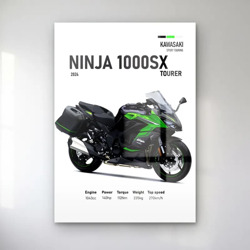 Kawasaki Ninja 1000SX Tourer 2024 cam tablo — Beyaz zeminde yeşil siyah Kawasaki Ninja 1000SX Tourer 2024 ve teknik veriler