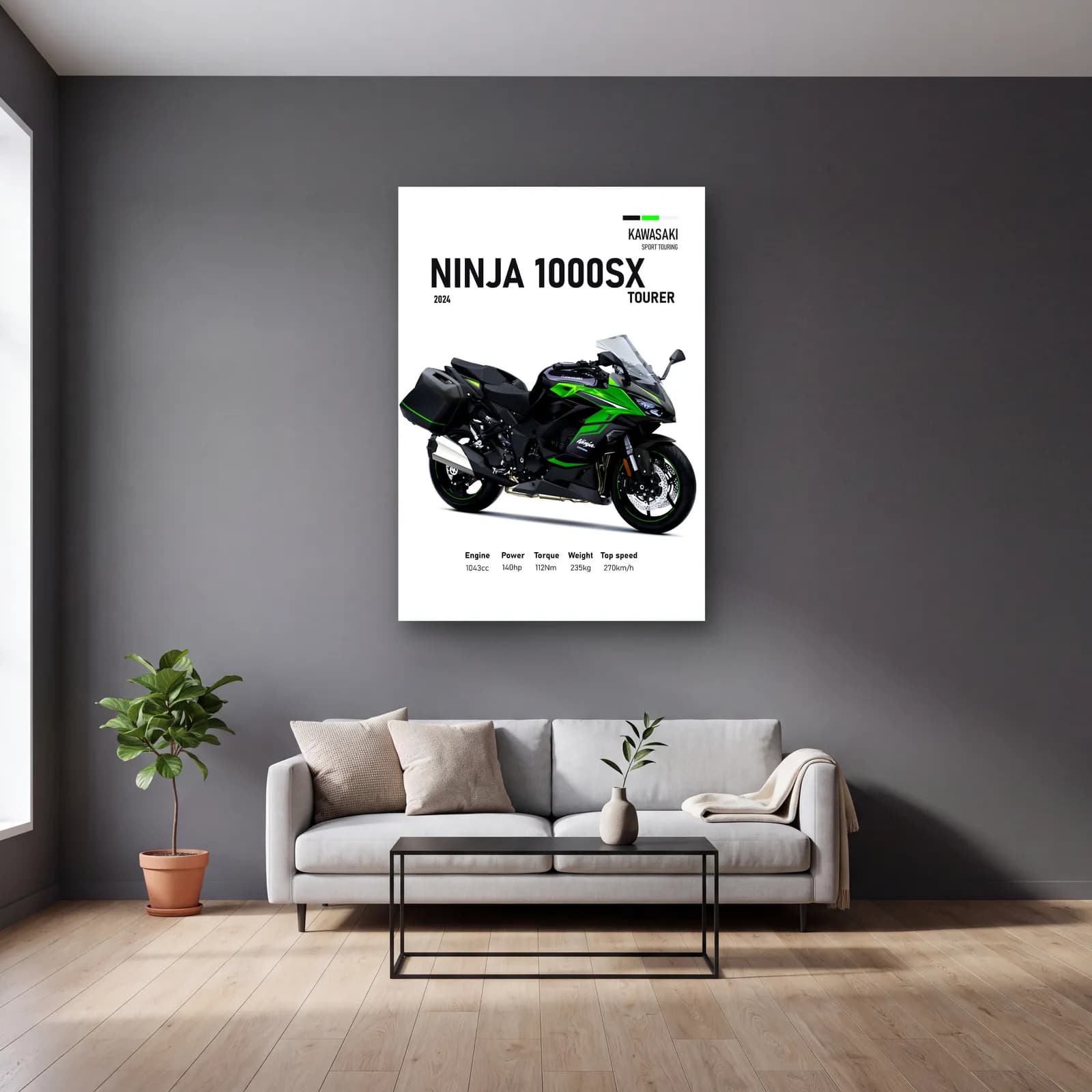 Kawasaki Ninja 1000SX Tourer 2024 cam tablo — gri duvarlı salonda