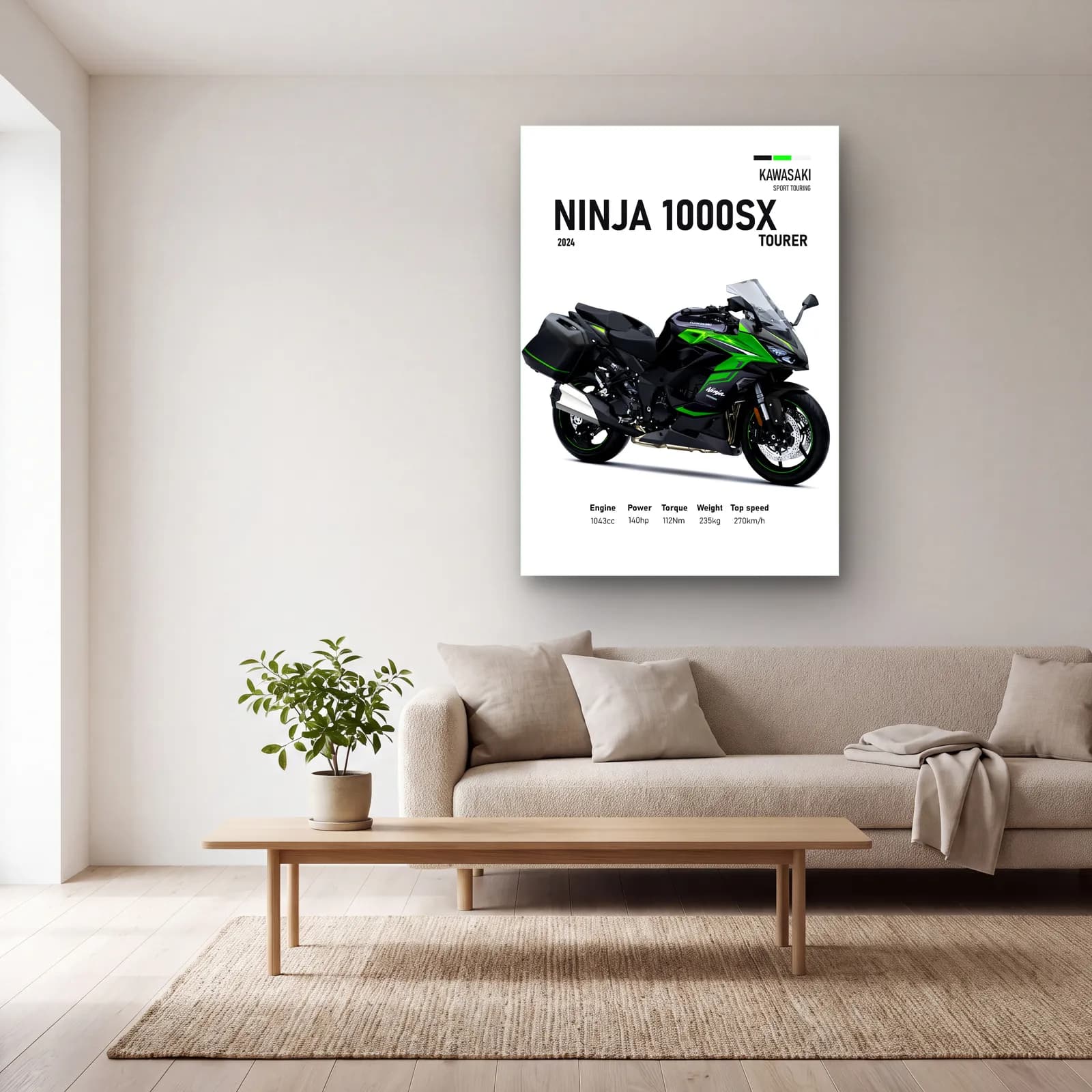 Kawasaki Ninja 1000SX Tourer 2024 cam tablo — açık renk salonda