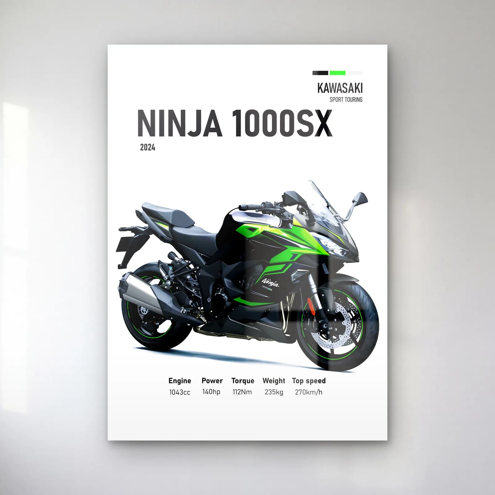 Kawasaki Ninja 1000SX 2024 cam tablo — Beyaz zeminde yeşil siyah Kawasaki Ninja 1000SX 2024 ve teknik veriler