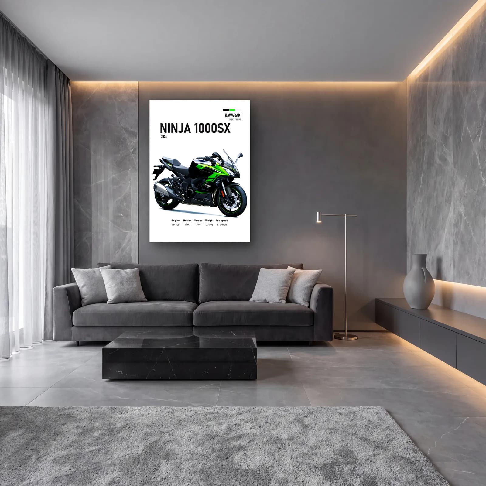 Kawasaki Ninja 1000SX 2024 cam tablo — lüks salon duvarında