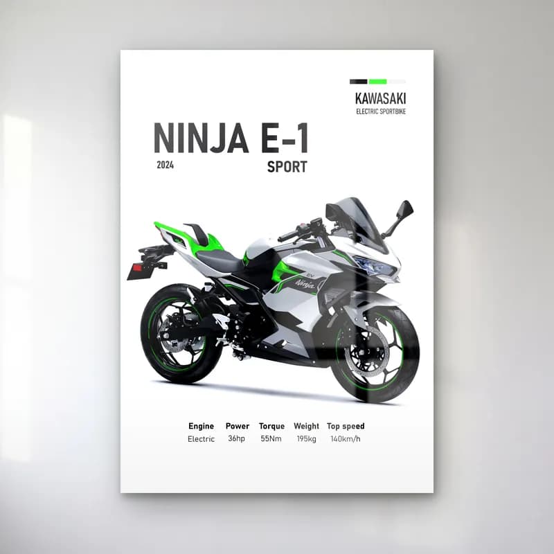 Kawasaki Ninja E-1 Sport 2024 cam tablo — Beyaz zeminde yeşil siyah Kawasaki Ninja E-1 Sport 2024 ve teknik veriler