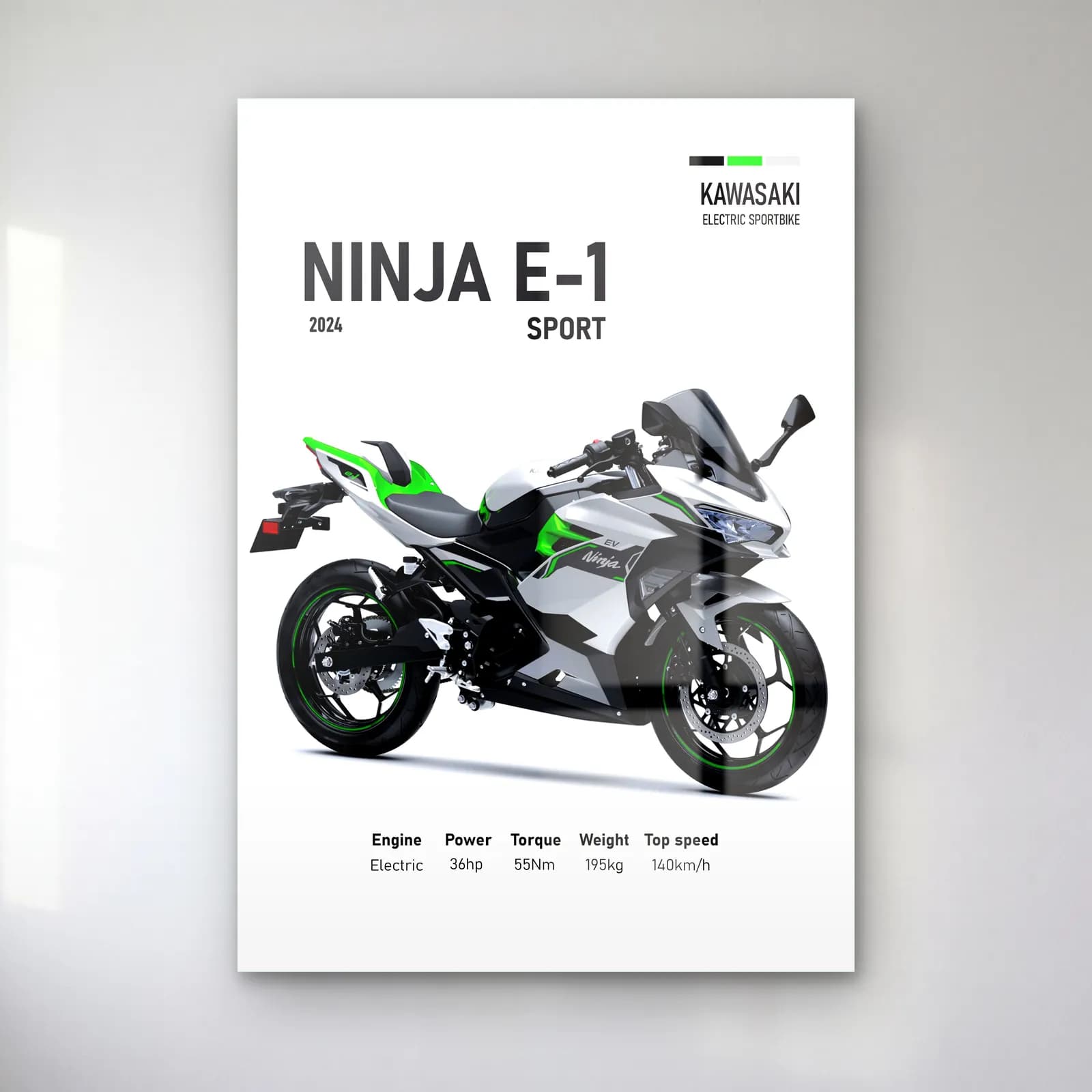 Kawasaki Ninja E-1 Sport 2024 cam tablo — Beyaz zeminde yeşil siyah Kawasaki Ninja E-1 Sport 2024 ve teknik veriler