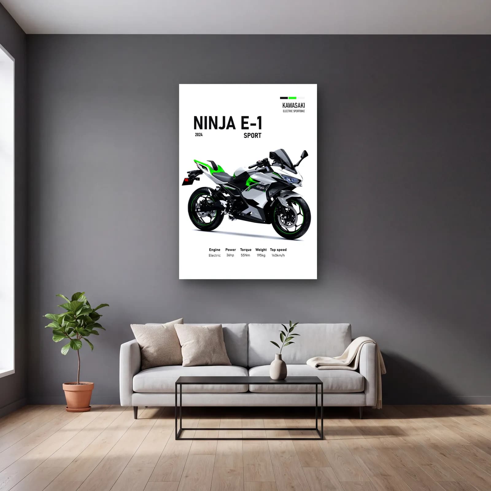 Kawasaki Ninja E-1 Sport 2024 cam tablo — gri duvarlı salonda