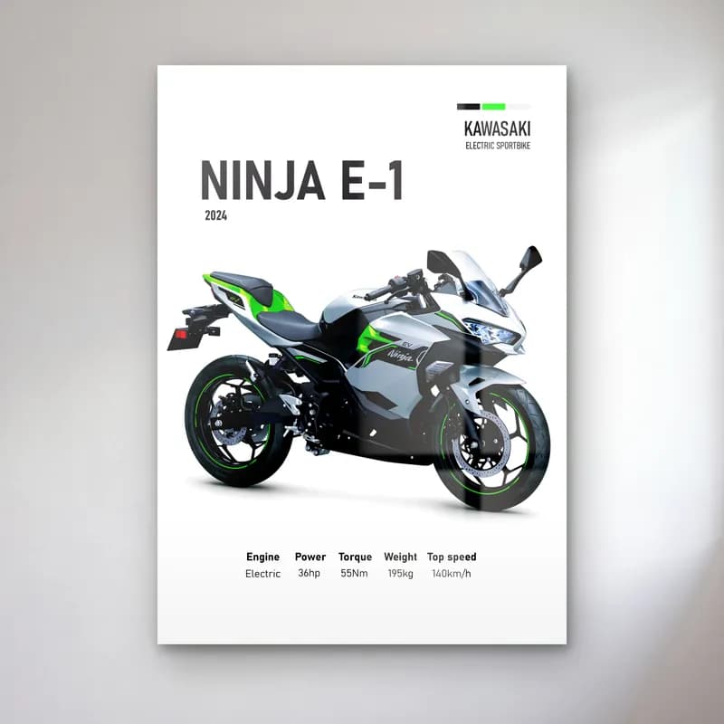Kawasaki Ninja E-1 2024 cam tablo — Beyaz zeminde yeşil gri Kawasaki Ninja E-1 2024 ve teknik veriler