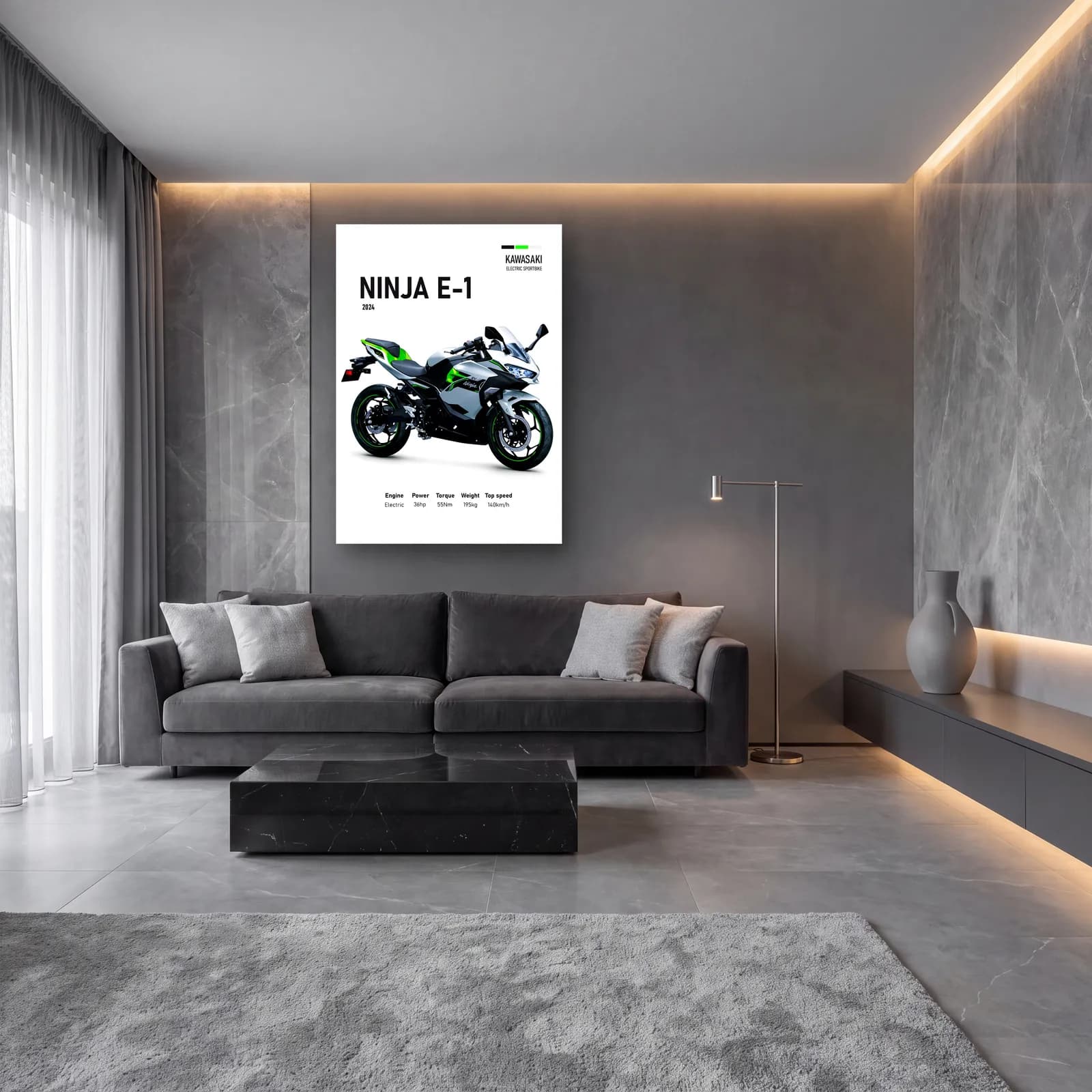 Kawasaki Ninja E-1 2024 cam tablo — lüks salon duvarında