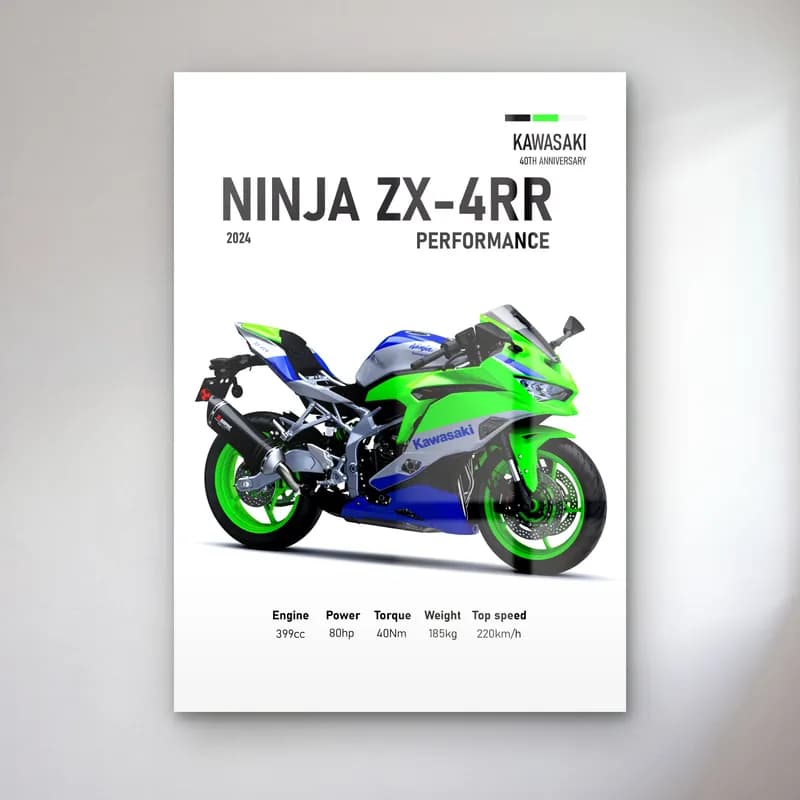 Kawasaki Ninja ZX-4RR Performance 2024 cam tablo — Beyaz zeminde yeşil mavi Kawasaki Ninja ZX-4RR Performance 2024 ve teknik veriler
