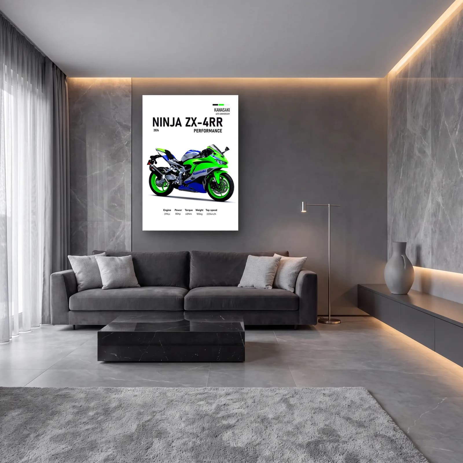 Kawasaki Ninja ZX-4RR Performance 2024 cam tablo — lüks salon duvarında