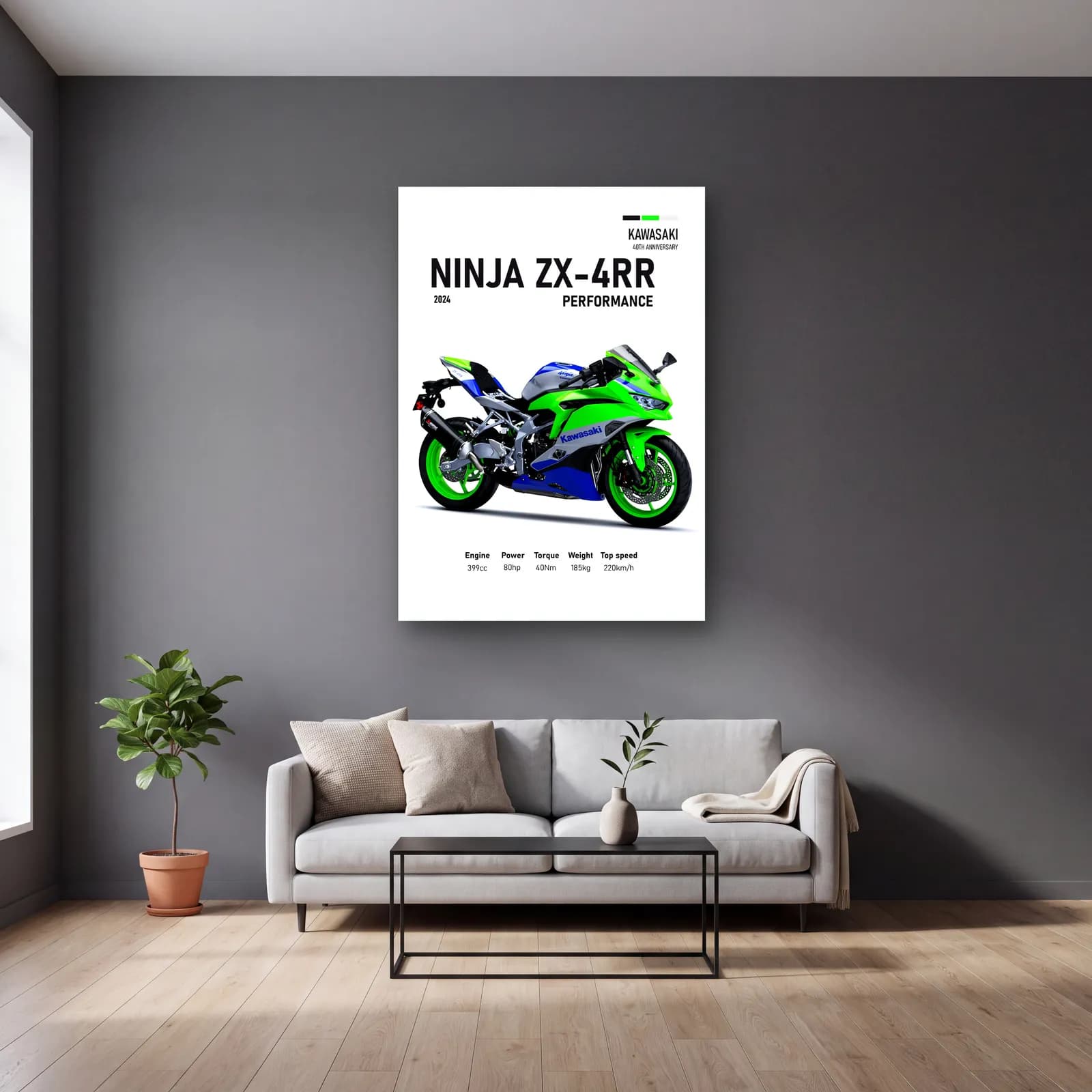 Kawasaki Ninja ZX-4RR Performance 2024 cam tablo — gri duvarlı salonda