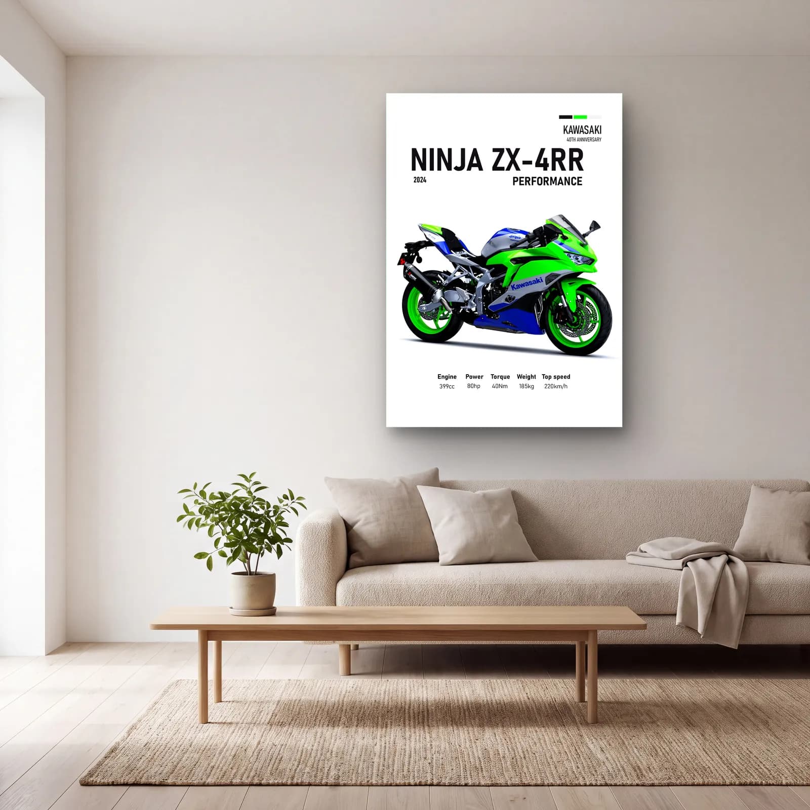 Kawasaki Ninja ZX-4RR Performance 2024 cam tablo — açık renk salonda