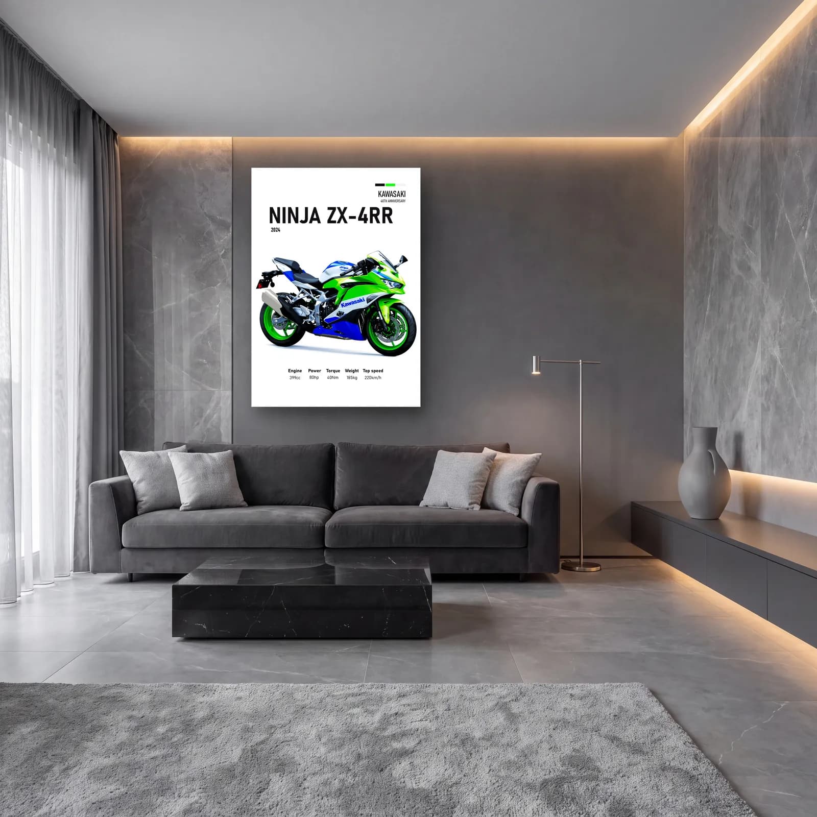 Kawasaki Ninja ZX-4RR 2024 cam tablo — lüks salon duvarında