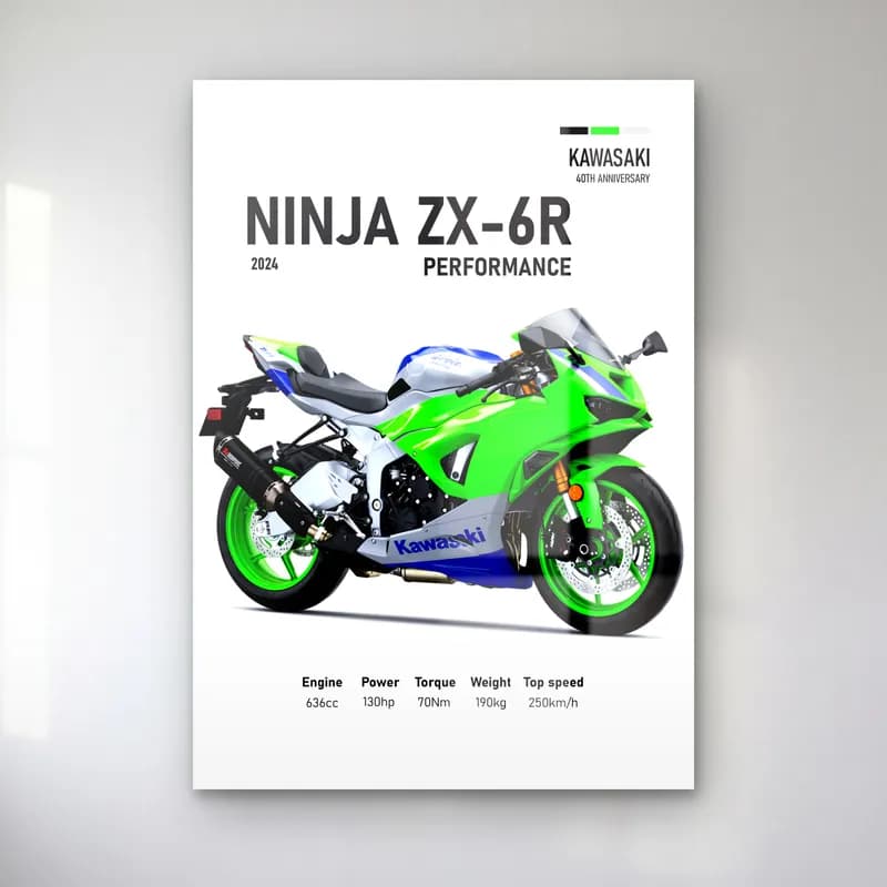 Kawasaki Ninja ZX-6R Performance 2024 cam tablo — Beyaz zeminde yeşil mavi Kawasaki Ninja ZX-6R Performance 2024 ve teknik veriler