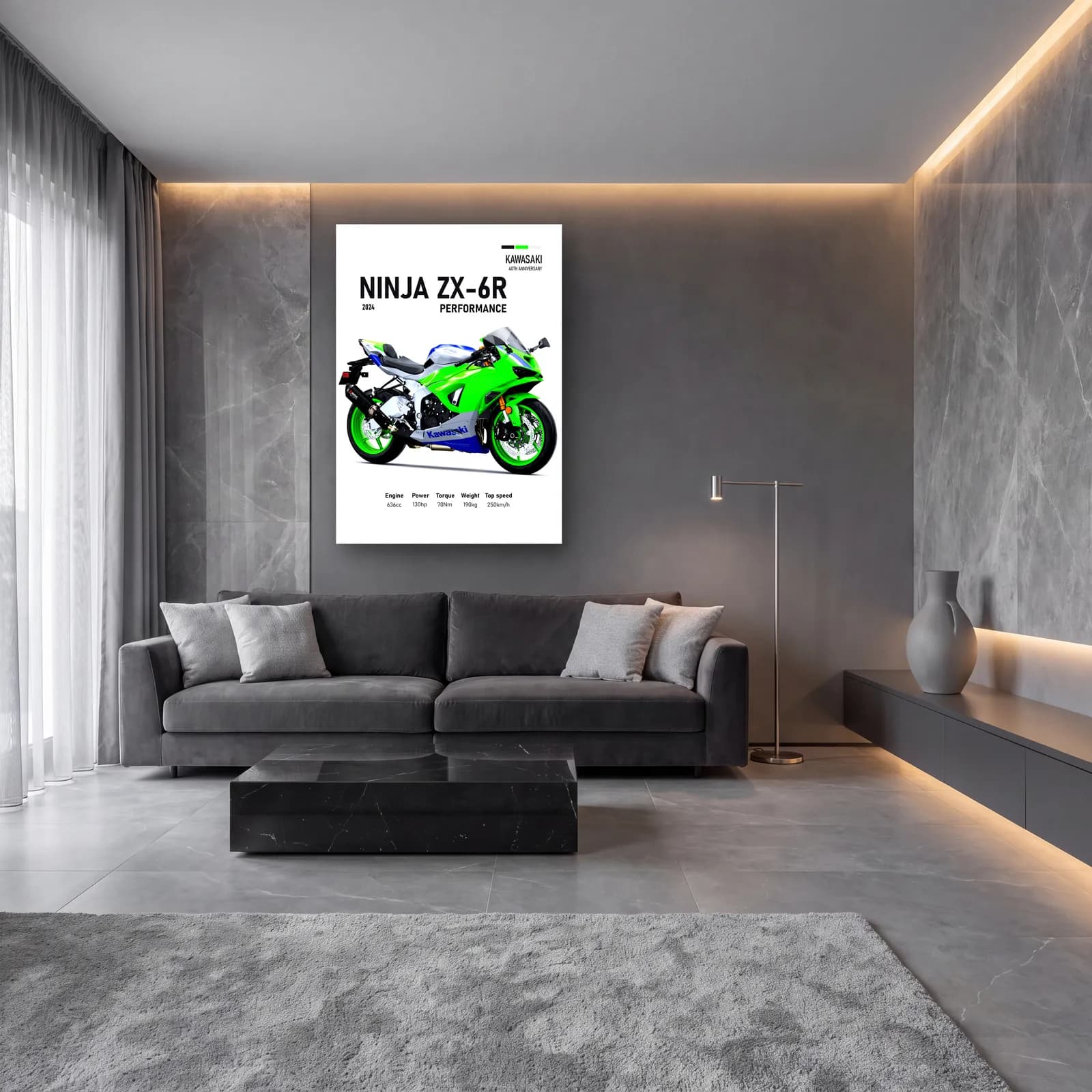 Kawasaki Ninja ZX-6R Performance 2024 cam tablo — lüks salon duvarında