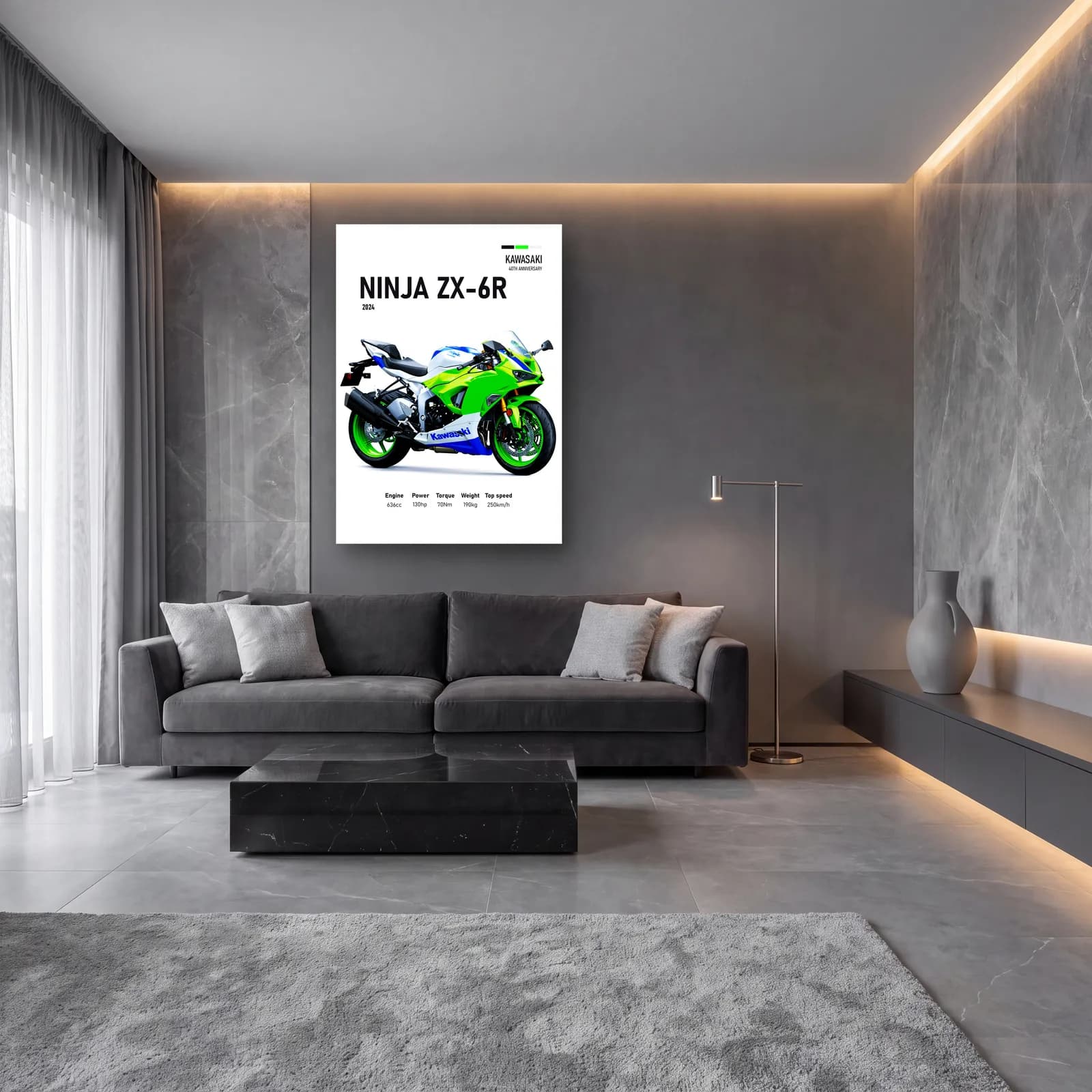 Kawasaki Ninja ZX-6R 2024 cam tablo — lüks salon duvarında