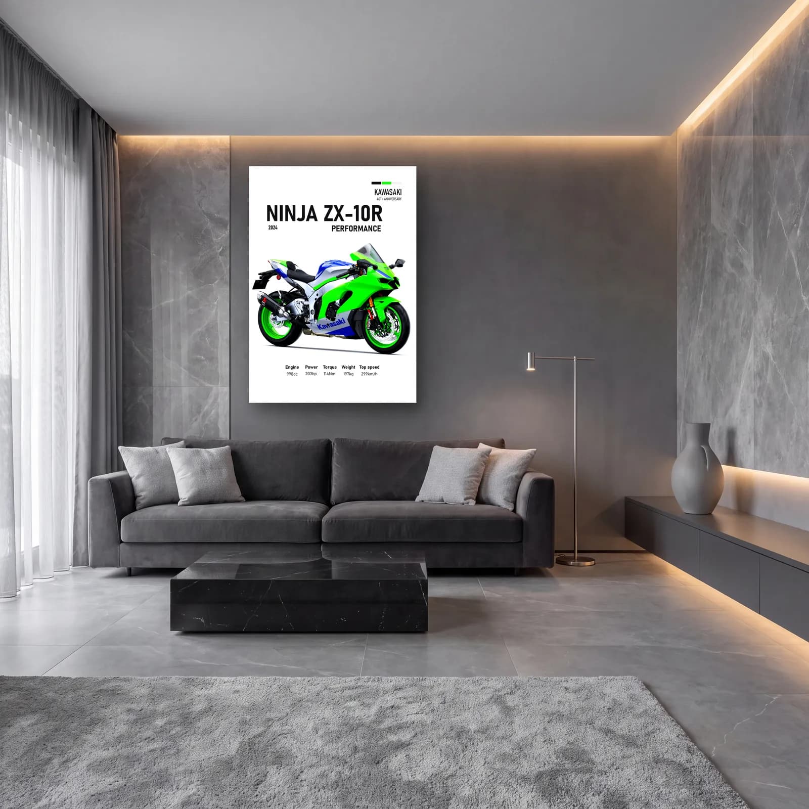 Kawasaki Ninja ZX-10R Performance 2024 cam tablo — lüks salon duvarında