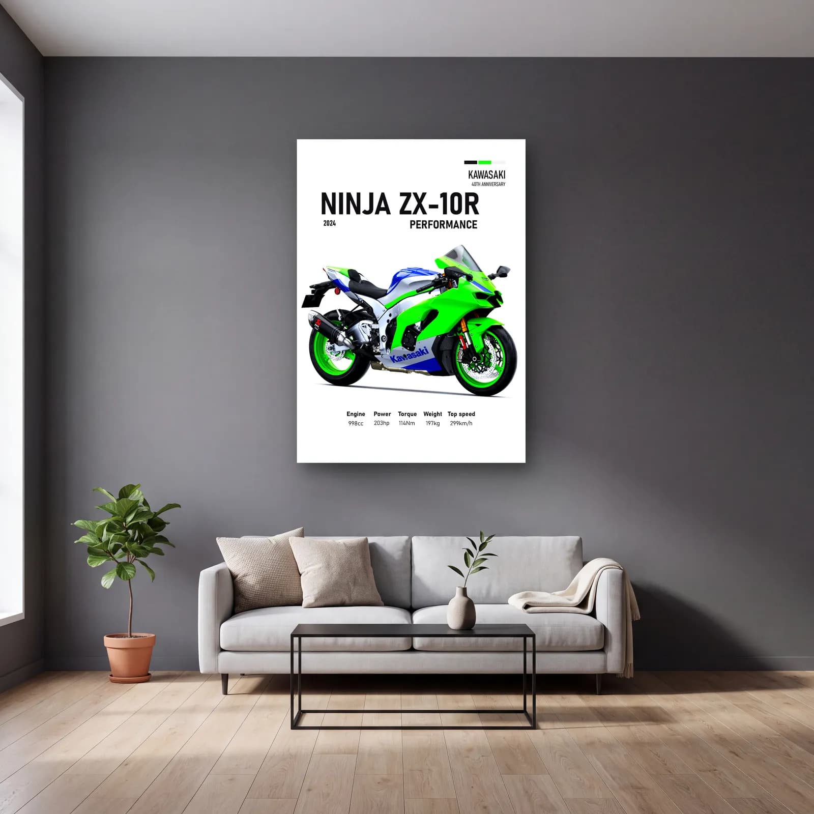 Kawasaki Ninja ZX-10R Performance 2024 cam tablo — gri duvarlı salonda