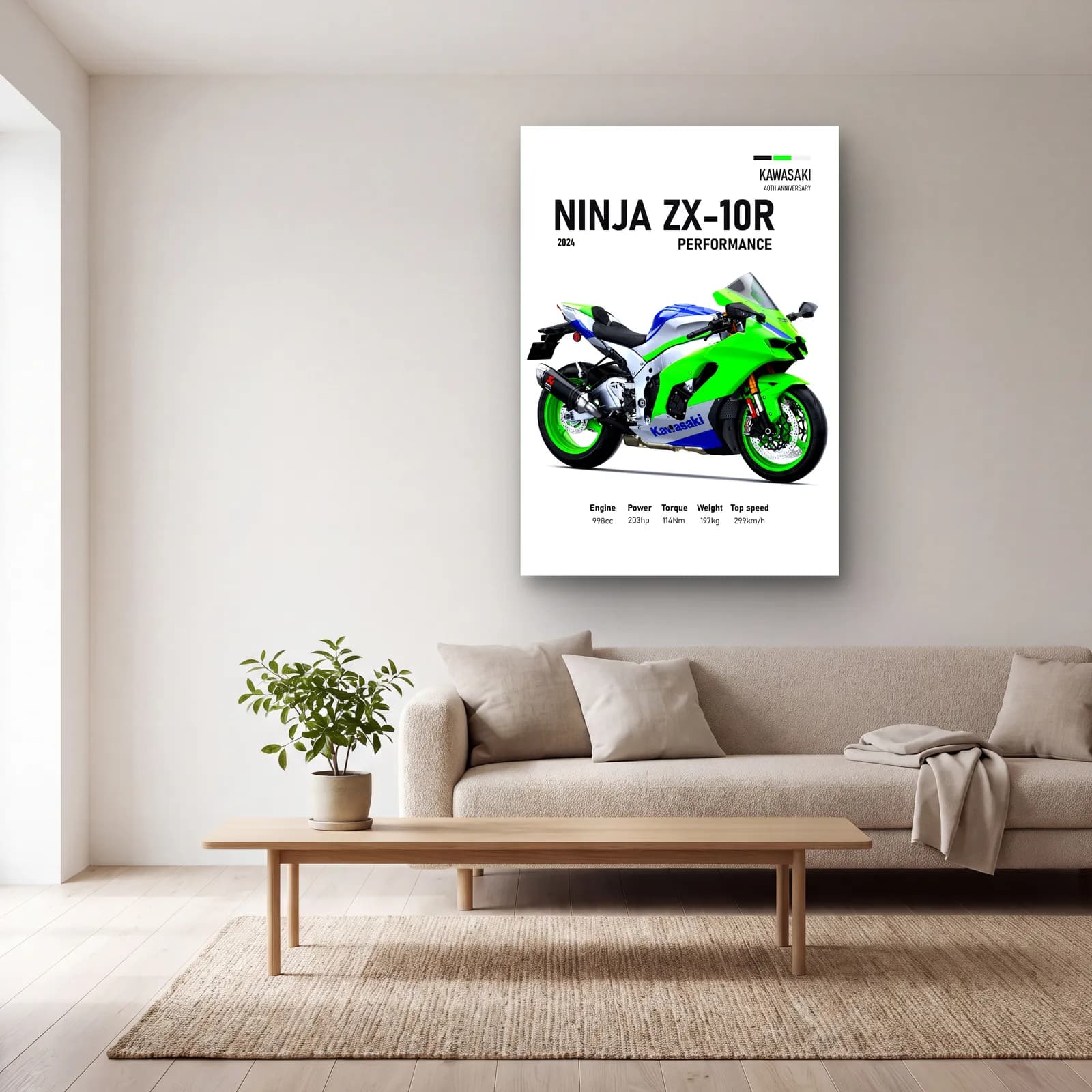 Kawasaki Ninja ZX-10R Performance 2024 cam tablo — açık renk salonda