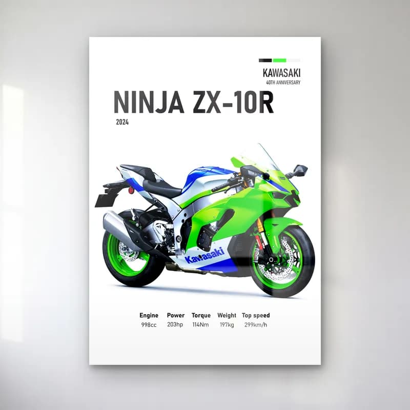 Kawasaki Ninja ZX-10R 2024 cam tablo — Beyaz zeminde yeşil mavi Kawasaki Ninja ZX-10R 2024 ve teknik veriler