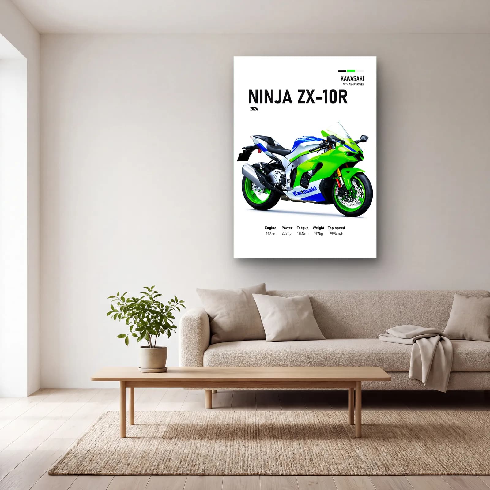 Kawasaki Ninja ZX-10R 2024 cam tablo — açık renk salonda