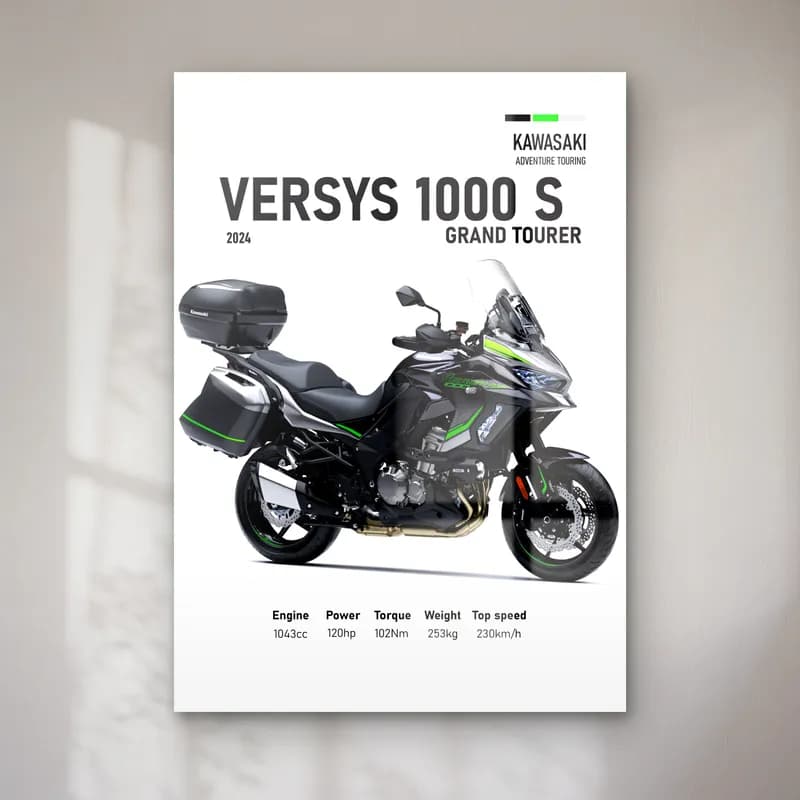 Versys 1000 S Grand Tourer 2024 cam tablo — Beyaz zeminde siyah gri Kawasaki Versys 1000 S Grand Tourer 2024 ve teknik veriler