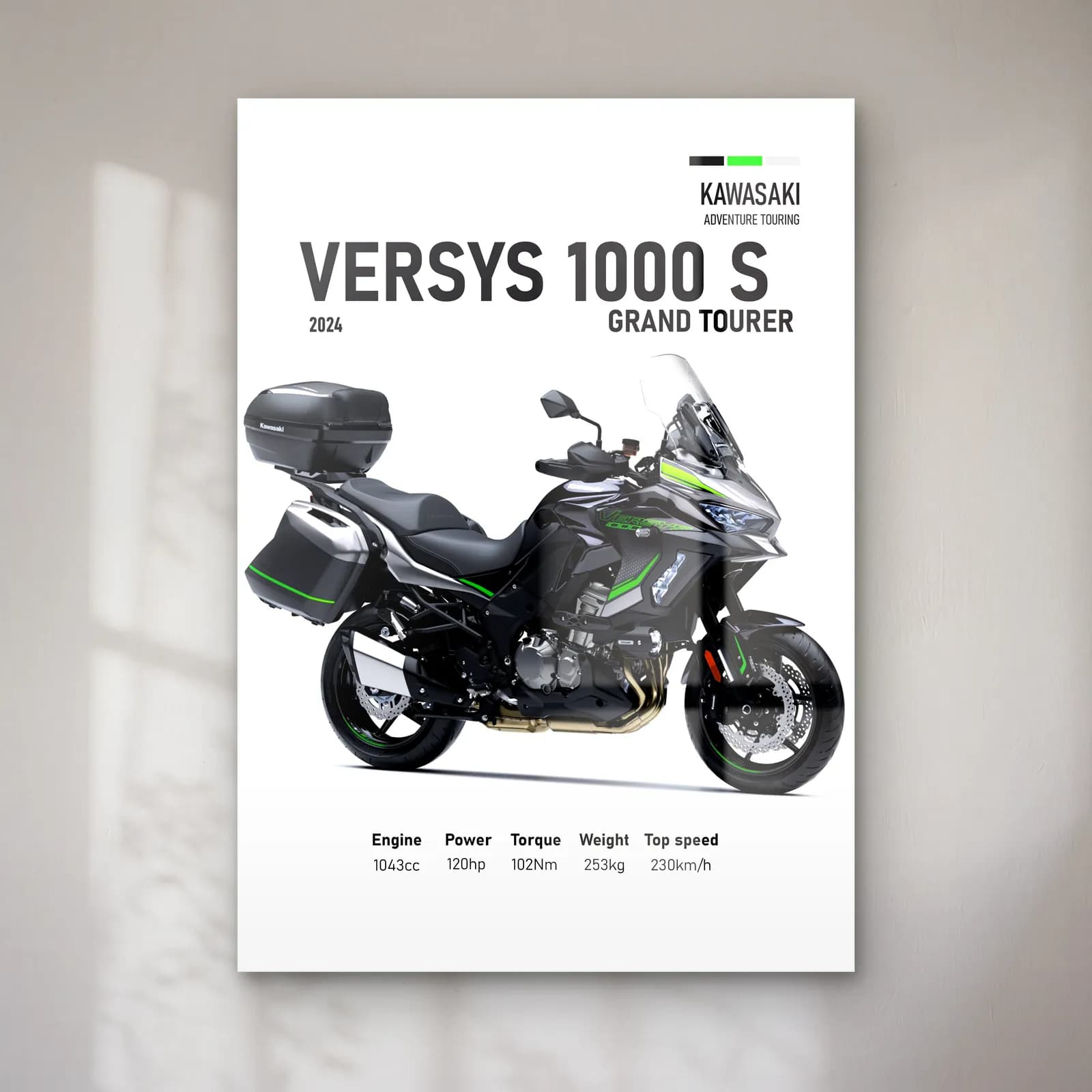Versys 1000 S Grand Tourer 2024 cam tablo — Beyaz zeminde siyah gri Kawasaki Versys 1000 S Grand Tourer 2024 ve teknik veriler