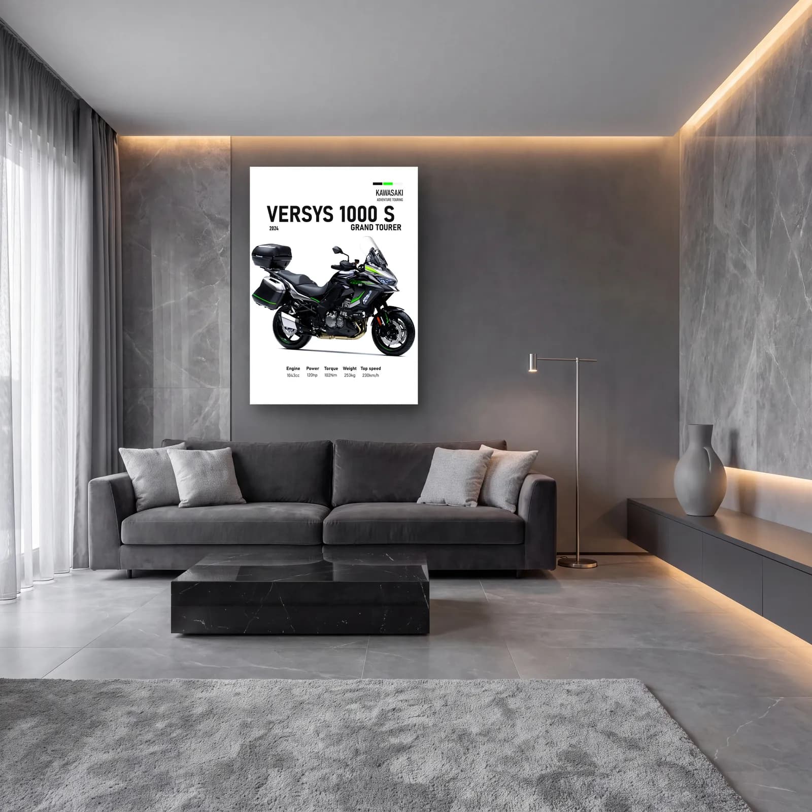 Versys 1000 S Grand Tourer 2024 cam tablo — lüks salon duvarında