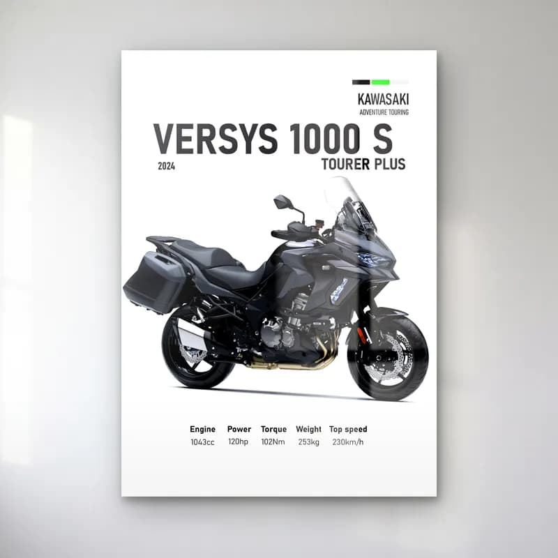 Versys 1000 S Tourer Plus 2024 cam tablo — Beyaz zeminde siyah gri Kawasaki Versys 1000 S Tourer Plus 2024 ve teknik veriler